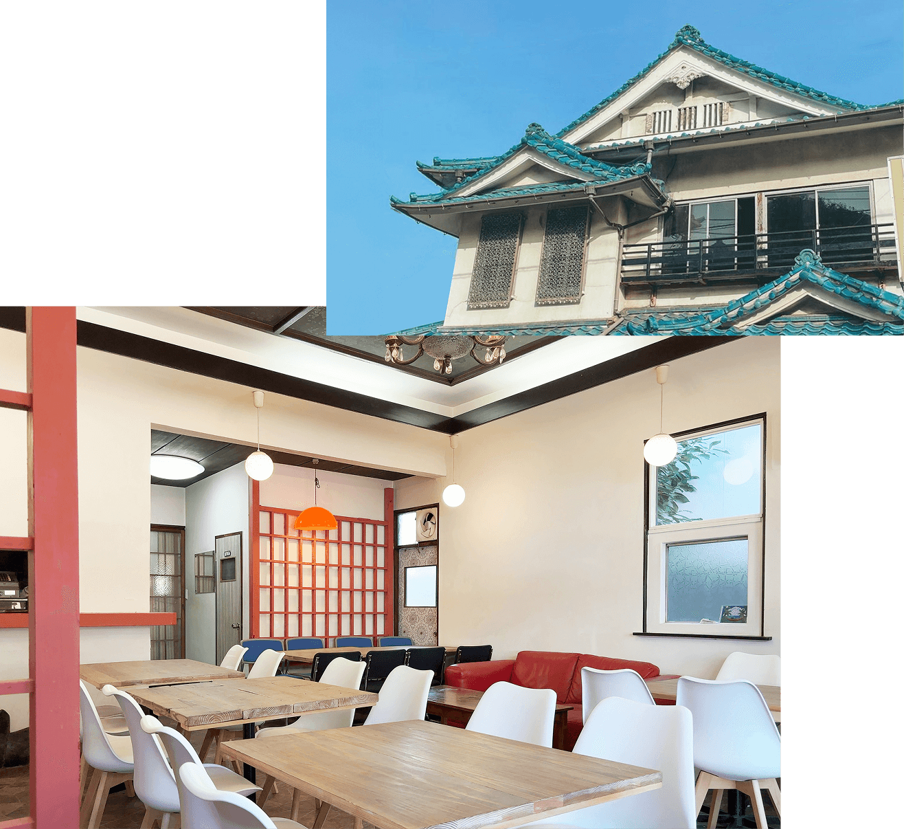 青い瓦屋根を持つ店舗外観、白い椅子が並んだ店内の様子